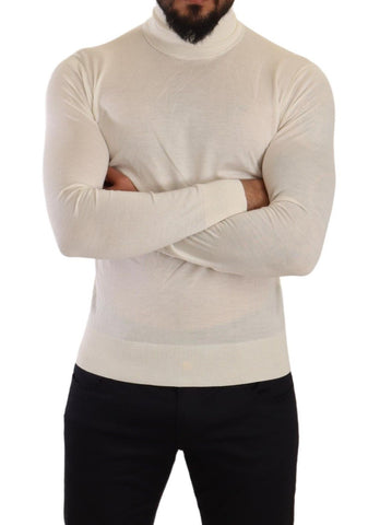 Cream Dolce & Gabbana cashmere turtleneck sweater with ribbed cuffs and hem, styled on a mannequin.