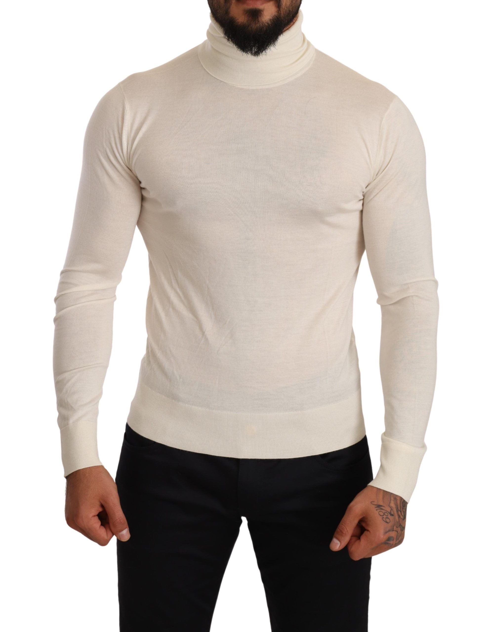 Cream Dolce & Gabbana cashmere turtleneck sweater with long sleeves and ribbed collar, displayed on a neutral background.