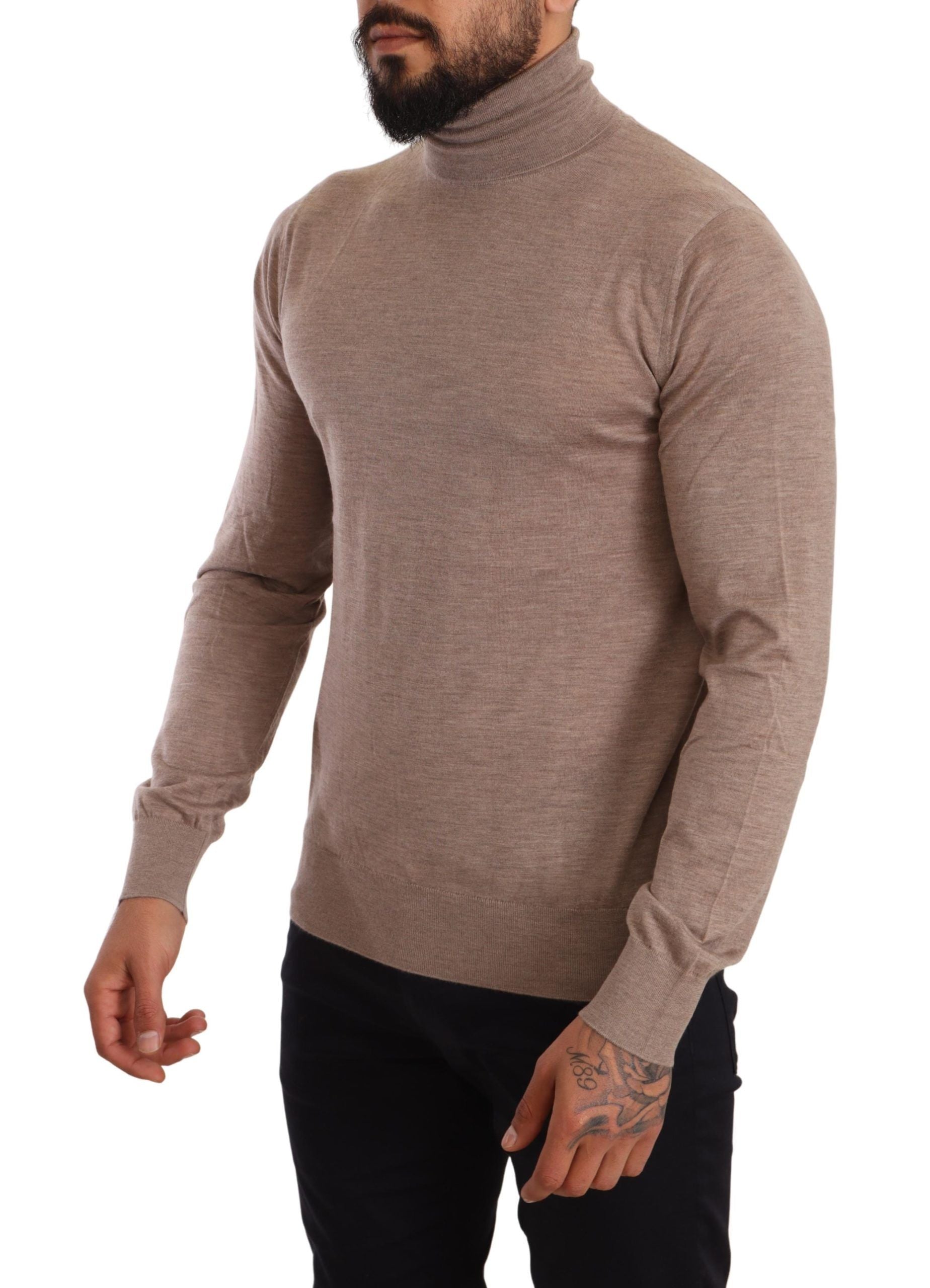Dolce & Gabbana brown cashmere turtleneck pullover sweater displayed on a hanger, showcasing soft knit fabric and classic design.
