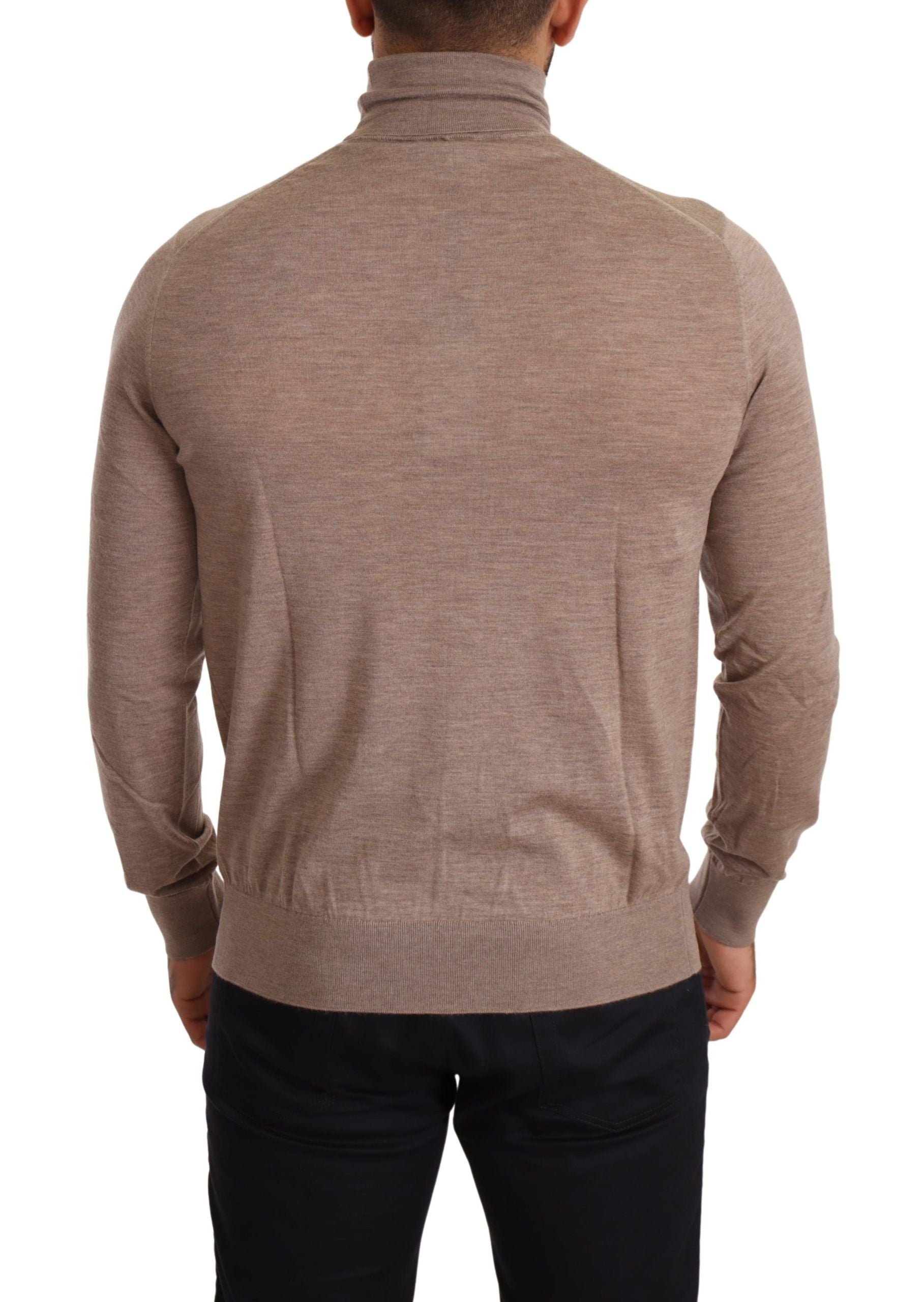 Dolce & Gabbana brown cashmere turtleneck pullover sweater shown on a model, highlighting soft knit fabric and classic design.