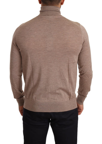 Dolce & Gabbana brown cashmere turtleneck pullover sweater shown on a model, highlighting soft knit fabric and classic design.