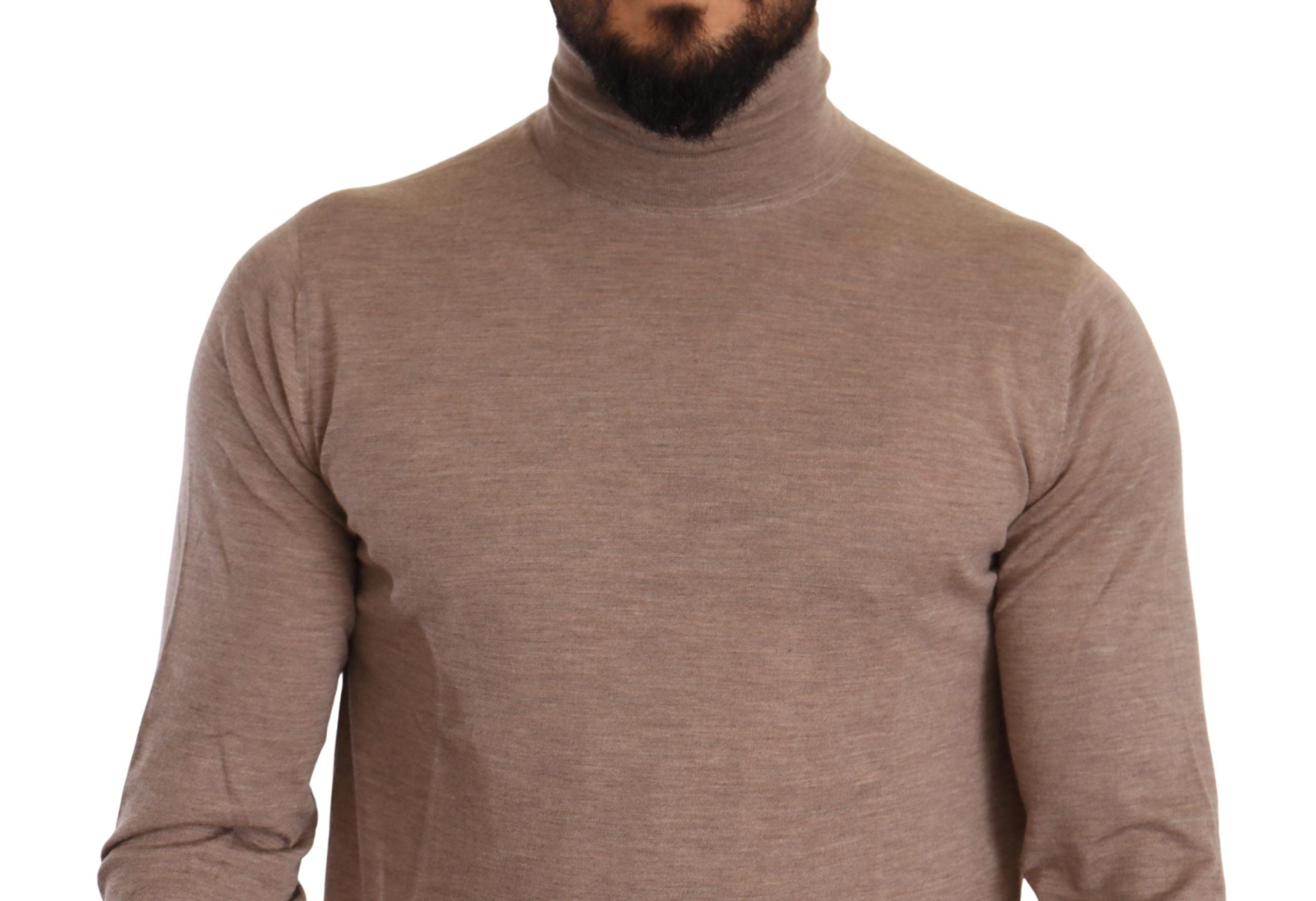 Brown Dolce & Gabbana cashmere turtleneck sweater with a cozy fit and ribbed design, shown on a neutral background.
