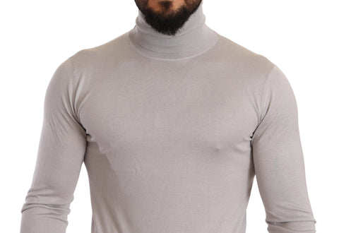 Gray cashmere turtleneck sweater by Dolce & Gabbana, close-up of soft knit fabric and classic turtleneck style.