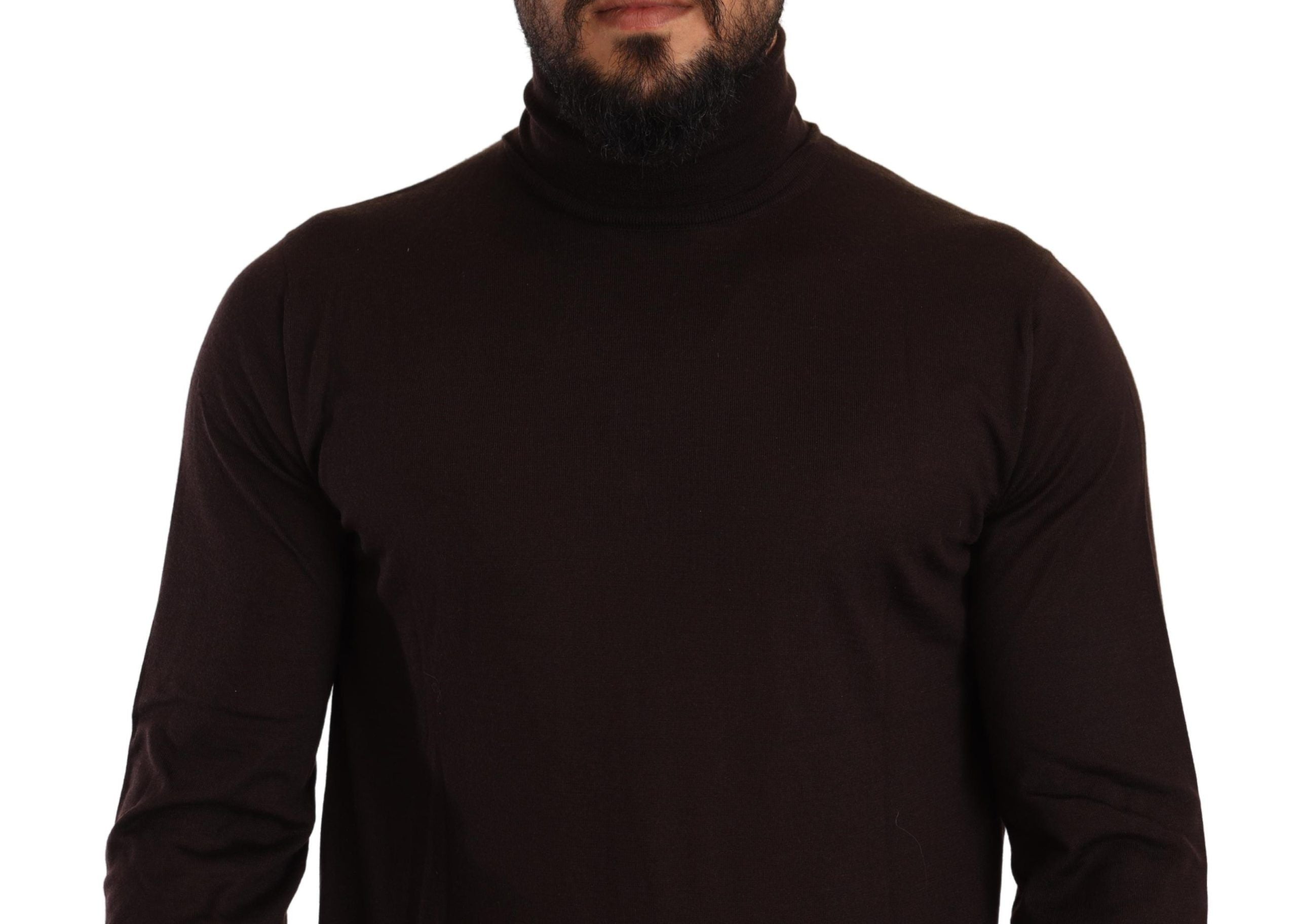 Dolce & Gabbana brown cashmere turtleneck pullover sweater displayed on a mannequin. Soft, luxurious knit with a classic turtleneck design.