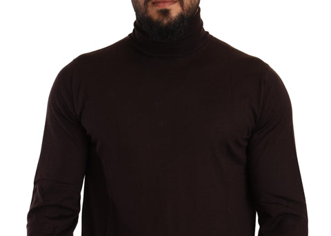 Dolce & Gabbana brown cashmere turtleneck pullover sweater displayed on a mannequin. Soft, luxurious knit with a classic turtleneck design.
