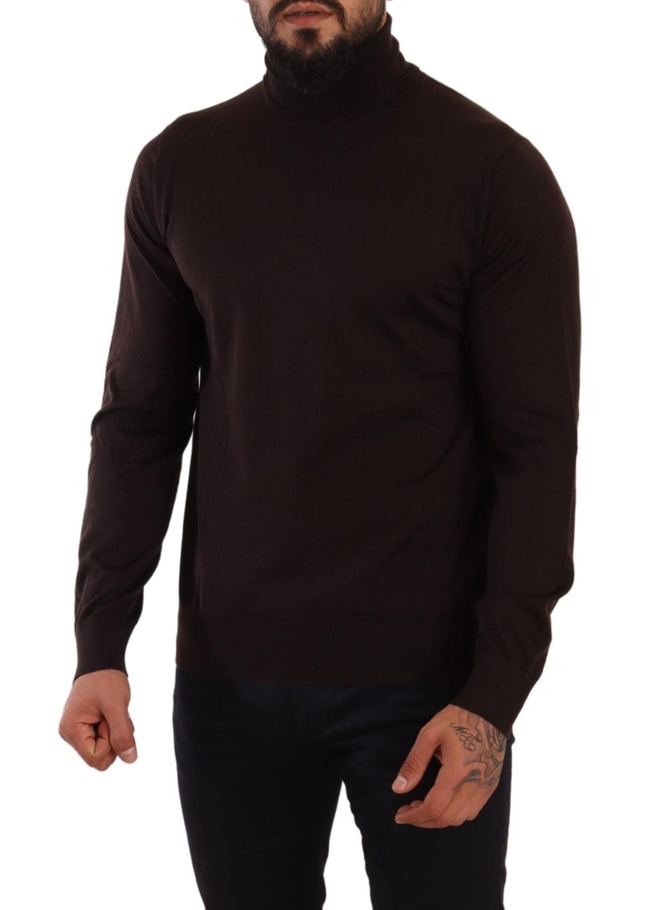 Dolce & Gabbana brown cashmere turtleneck pullover sweater displayed on a hanger. Soft, luxurious knit fabric with a classic design.