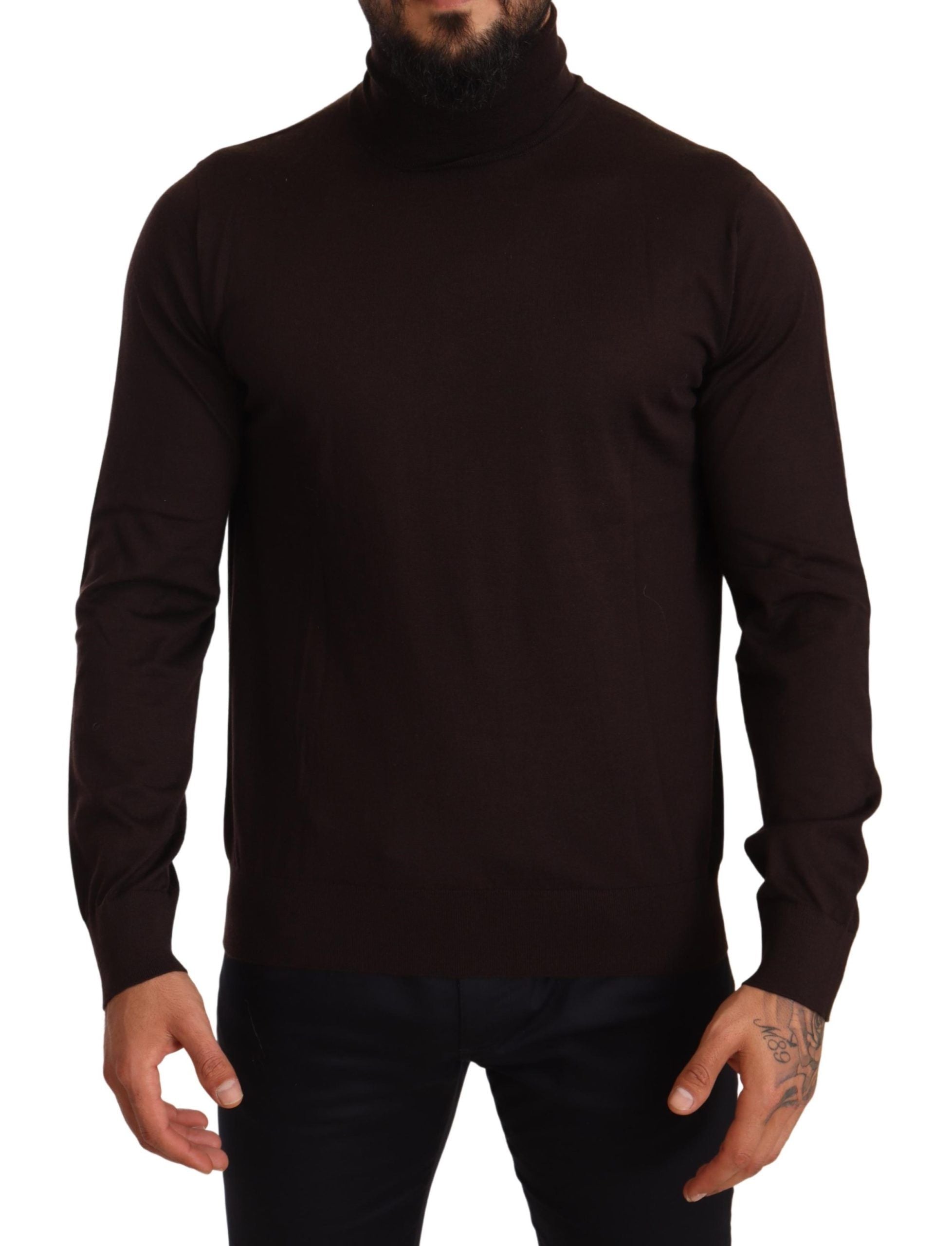 Brown Dolce & Gabbana cashmere turtleneck pullover sweater with a classic fit and ribbed collar.
