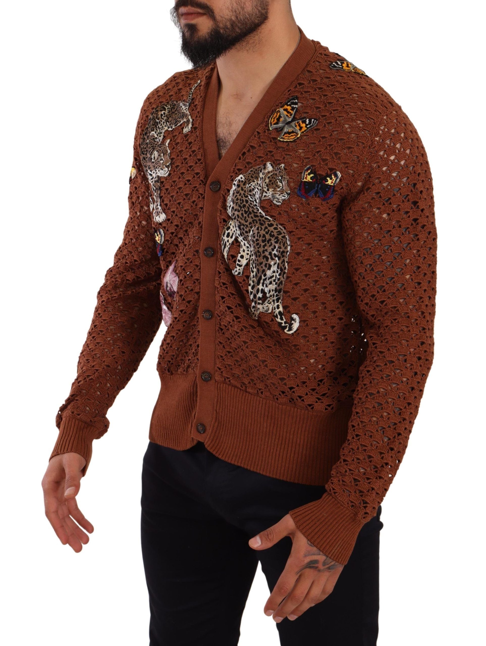 Brown leopard butterfly cardigan sweater by Dolce & Gabbana, featuring a stylish knit design with butterfly and leopard print details.