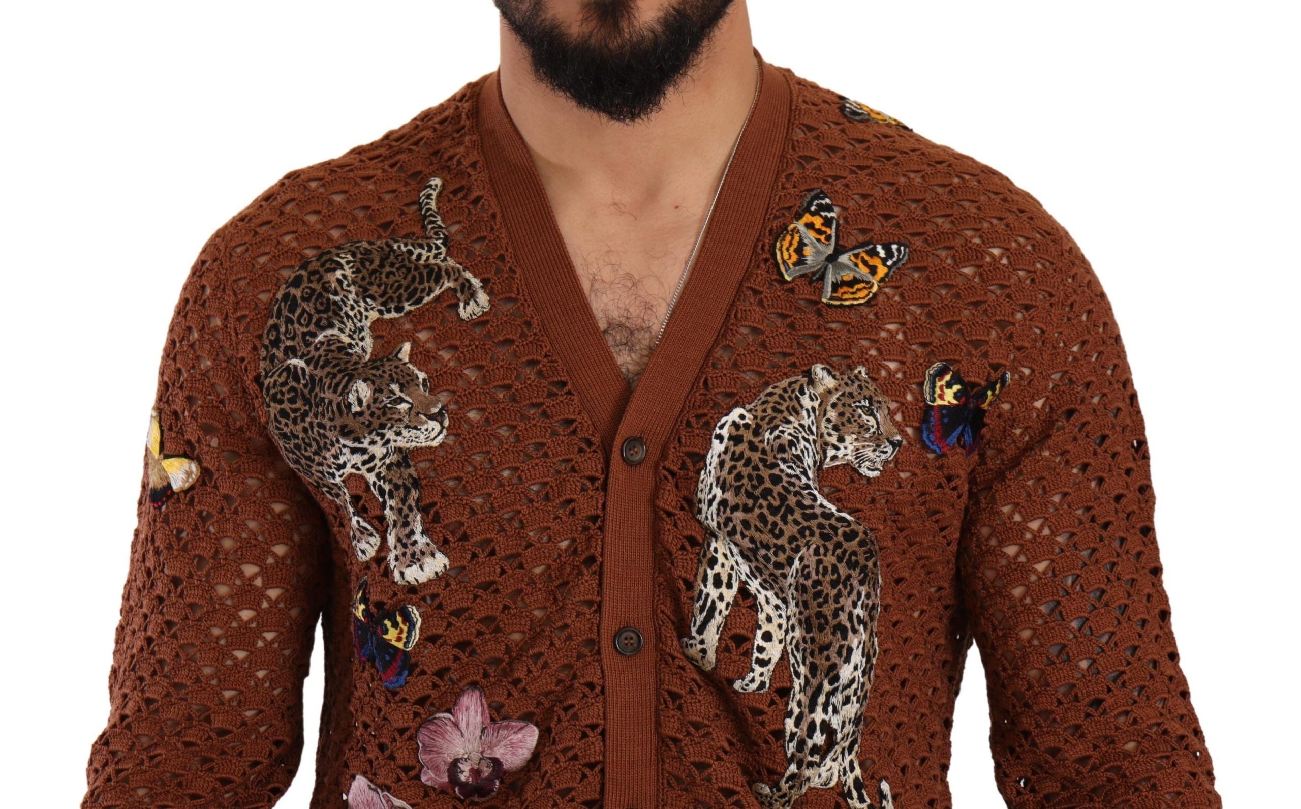Brown leopard butterfly cardigan sweater by Dolce & Gabbana featuring a cozy knit with butterfly and leopard print details.