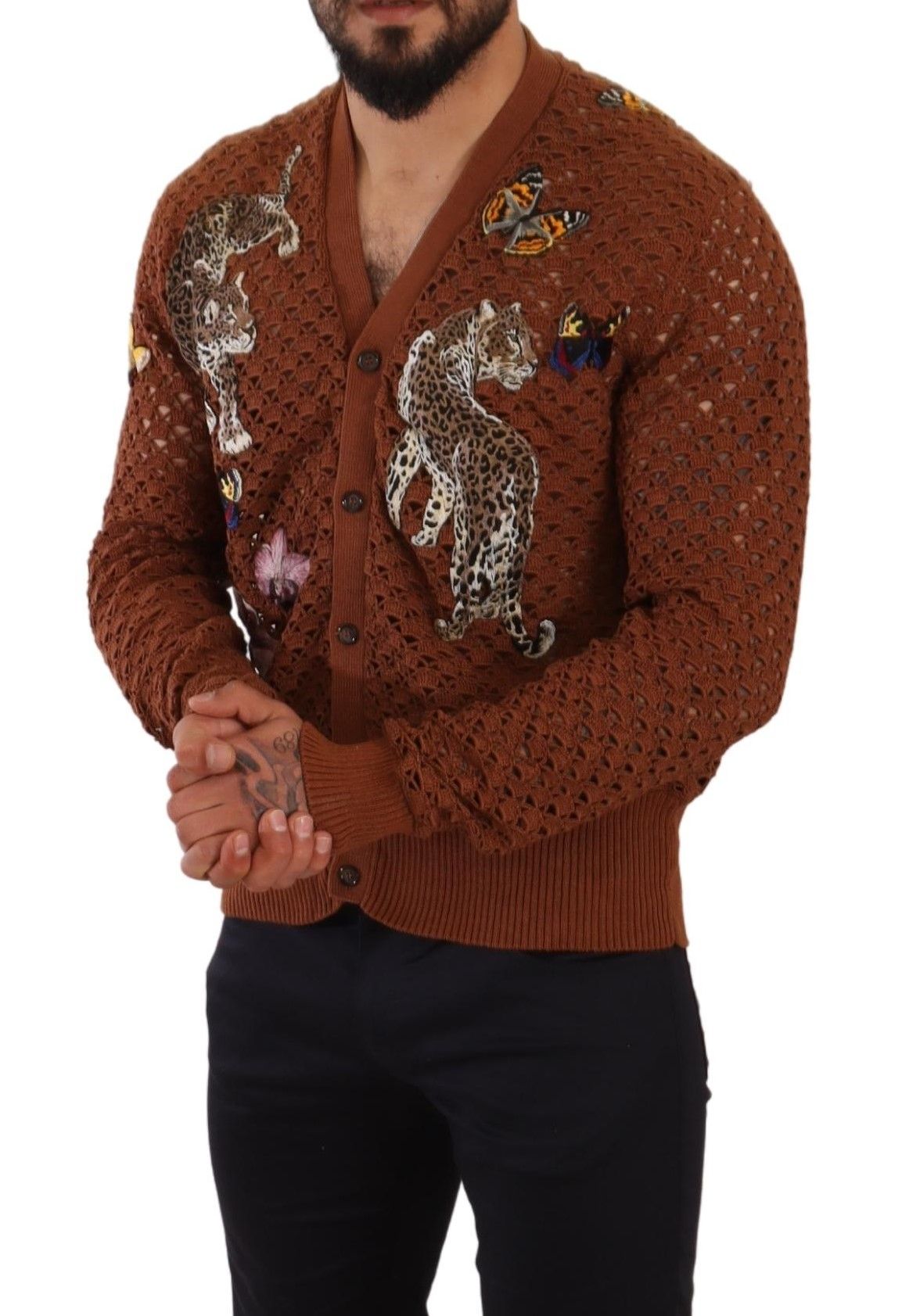 Brown leopard butterfly cardigan sweater by Dolce & Gabbana, featuring a cozy knit with butterfly and leopard print details.