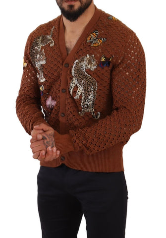 Brown leopard butterfly cardigan sweater by Dolce & Gabbana, featuring a cozy knit with butterfly and leopard print details.