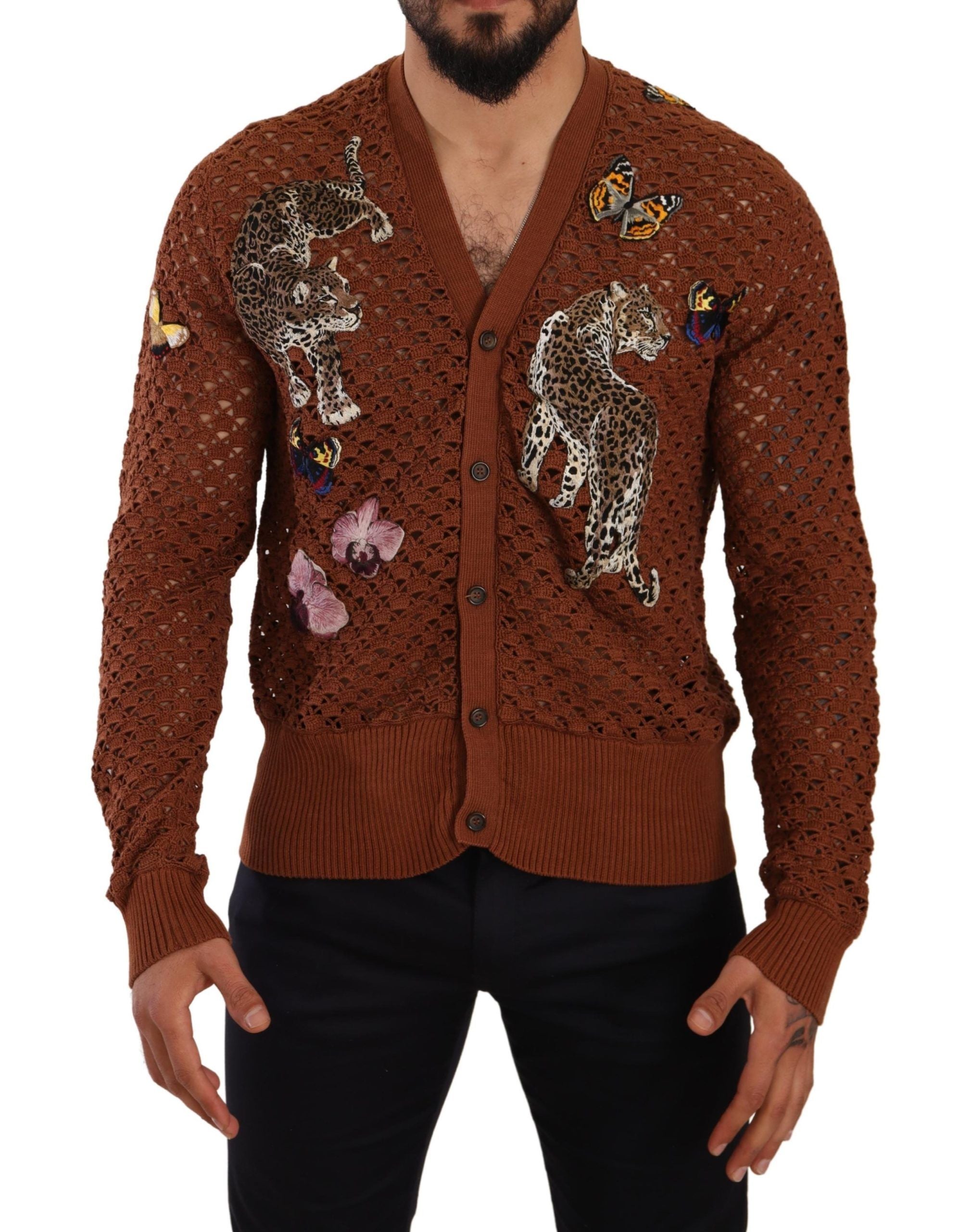 Brown leopard butterfly cardigan sweater by Dolce & Gabbana, featuring a stylish knit design with butterfly and leopard print details.