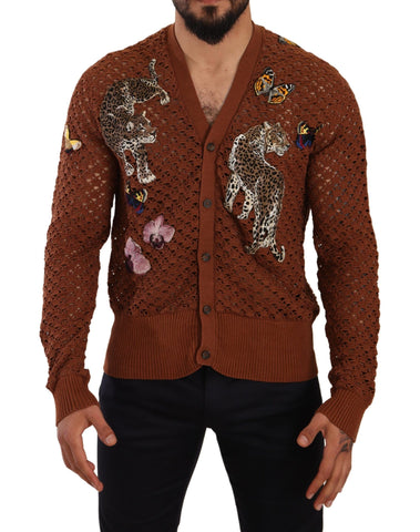 Brown leopard butterfly cardigan sweater by Dolce & Gabbana, featuring a stylish knit design with butterfly and leopard print details.