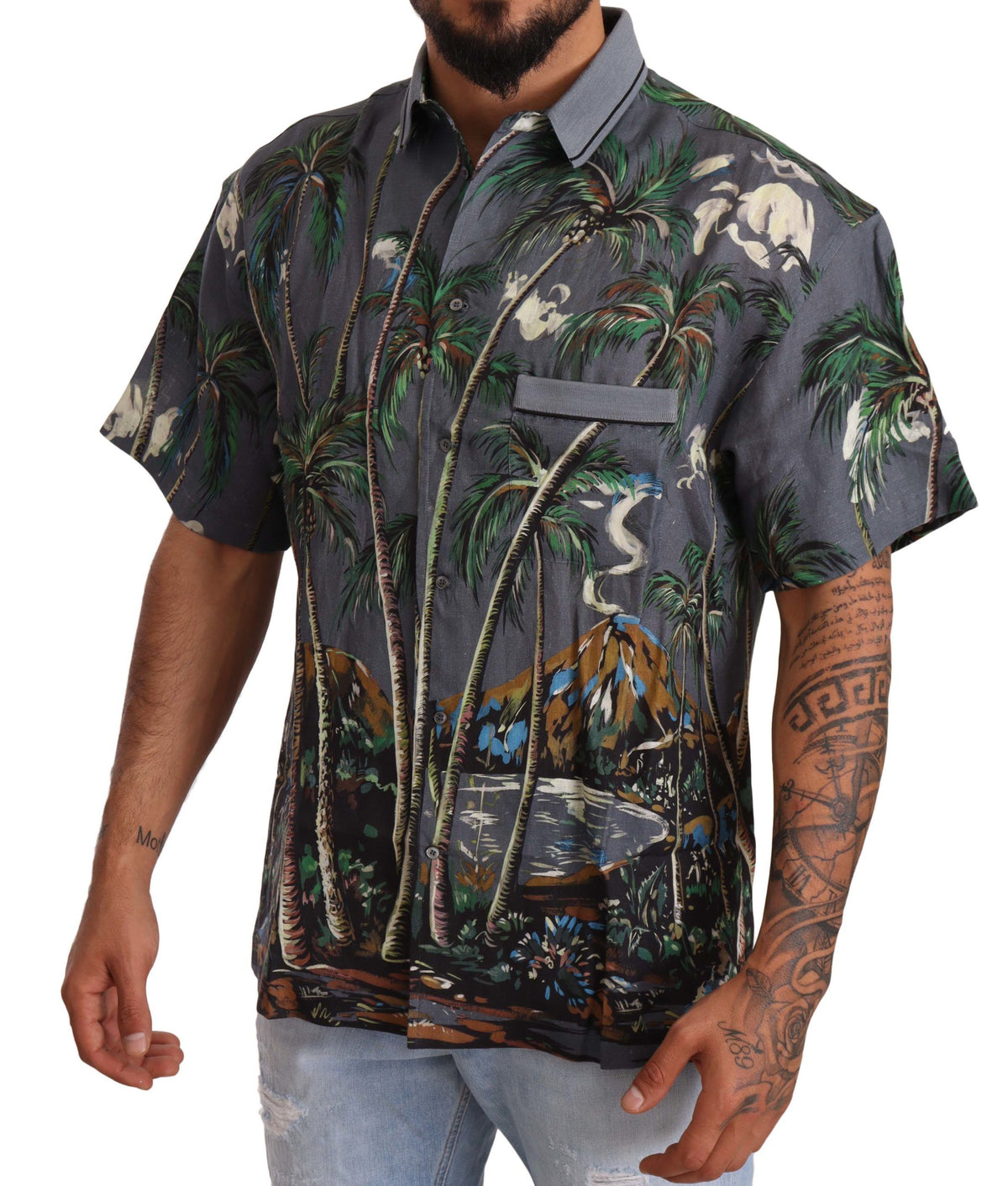 Gray linen tropical print collared shirt by Dolce & Gabbana, featuring a relaxed fit and vibrant floral design.