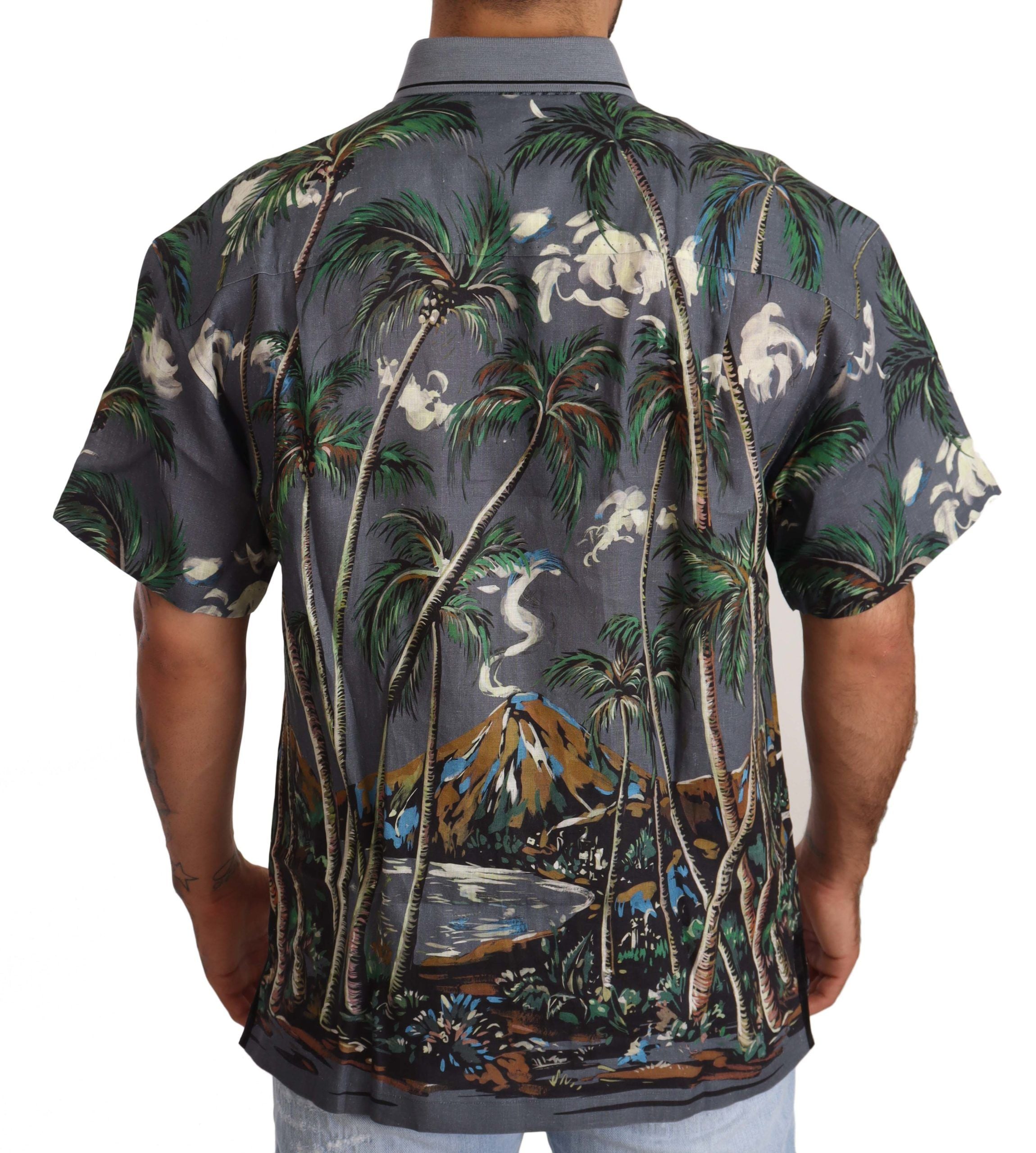 Gray linen tropical print collared shirt by Dolce & Gabbana, featuring a relaxed fit and vibrant botanical design.