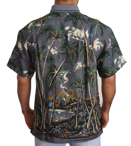 Gray linen tropical print collared shirt by Dolce & Gabbana, featuring a relaxed fit and vibrant botanical design.