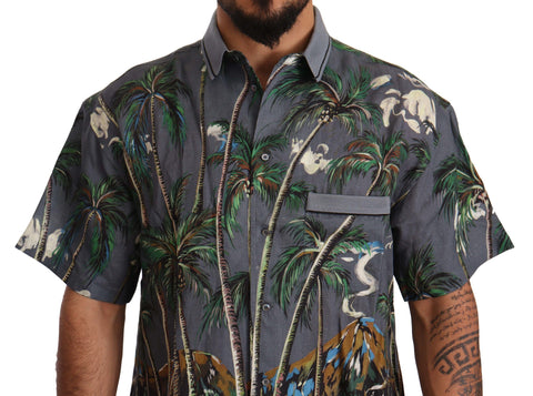 Gray linen tropical print collared shirt by Dolce & Gabbana, featuring a relaxed fit and vibrant tropical pattern.