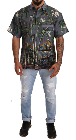 Gray linen tropical print collared shirt by Dolce & Gabbana, featuring a relaxed fit and vibrant floral pattern.