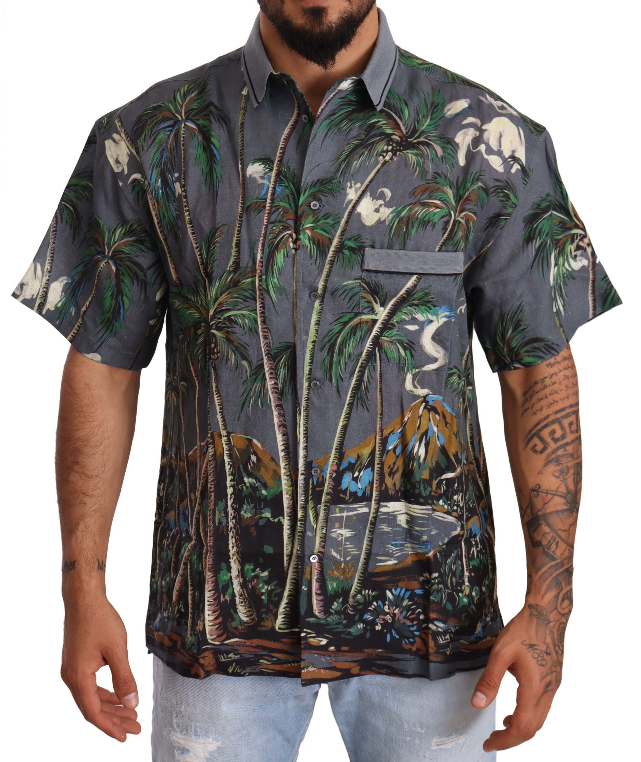 Gray linen tropical print collared shirt by Dolce & Gabbana, featuring a stylish collar and vibrant tropical pattern.