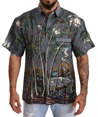 Gray linen tropical print collared shirt by Dolce & Gabbana, featuring a stylish collar and vibrant tropical pattern.