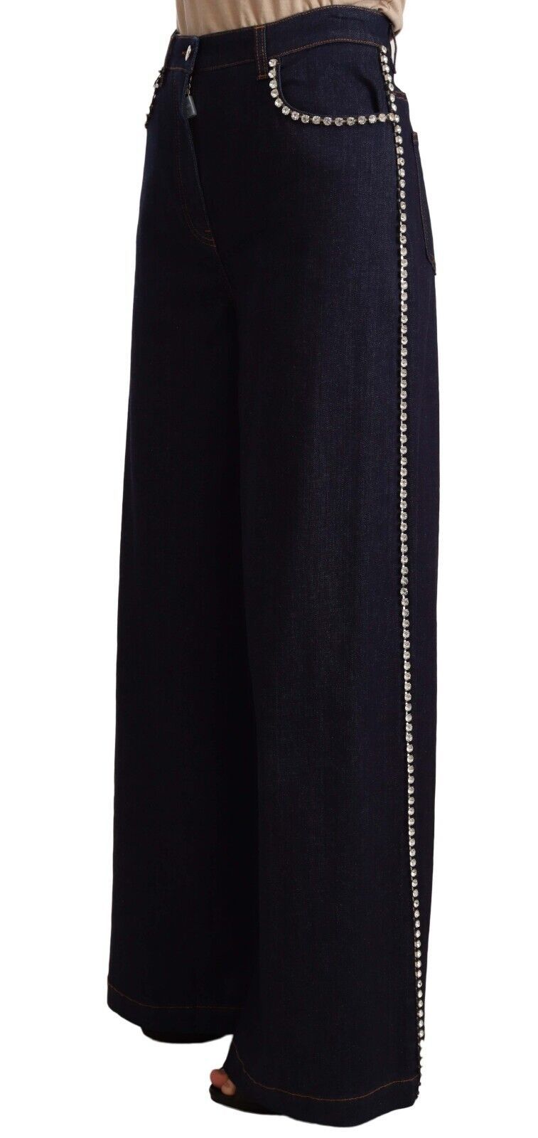Dark blue Dolce & Gabbana flare jeans with crystal embellishments and a high-waist fit.