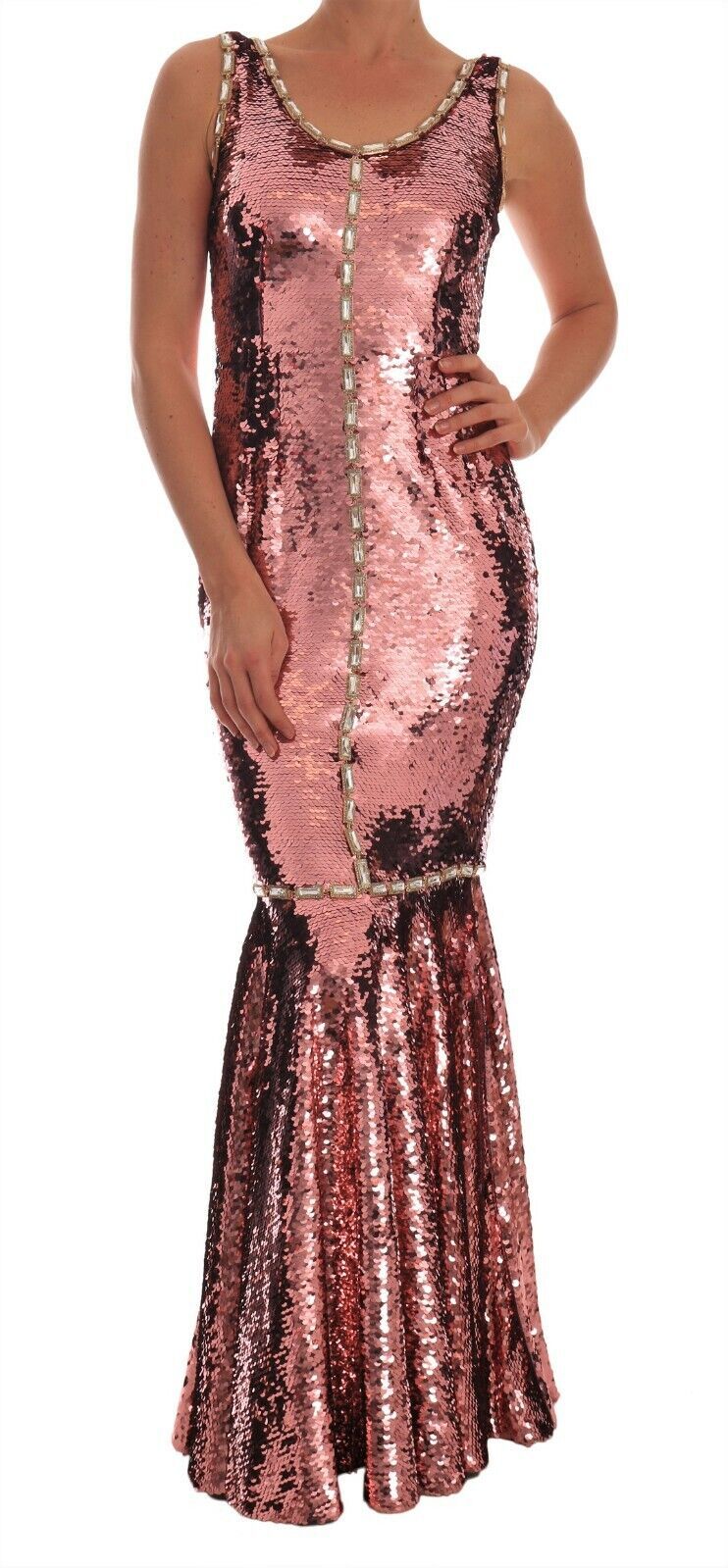 Pink sequined sheath crystal dress gown by Dolce & Gabbana with shimmering embellishments and fitted silhouette.