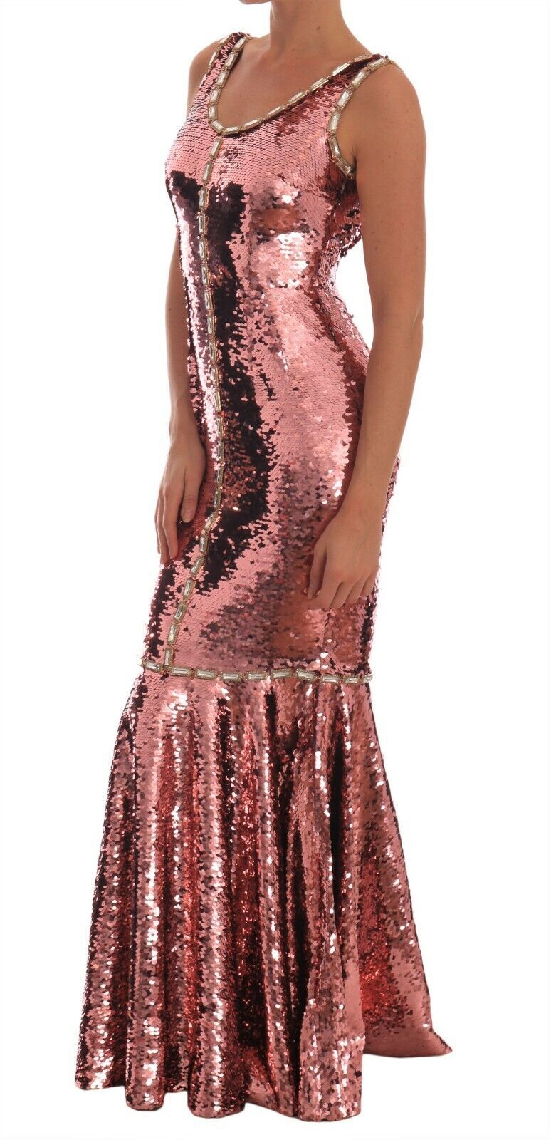 Pink sequined sheath crystal dress gown by Dolce & Gabbana, featuring sparkling embellishments and a sleek, elegant silhouette.