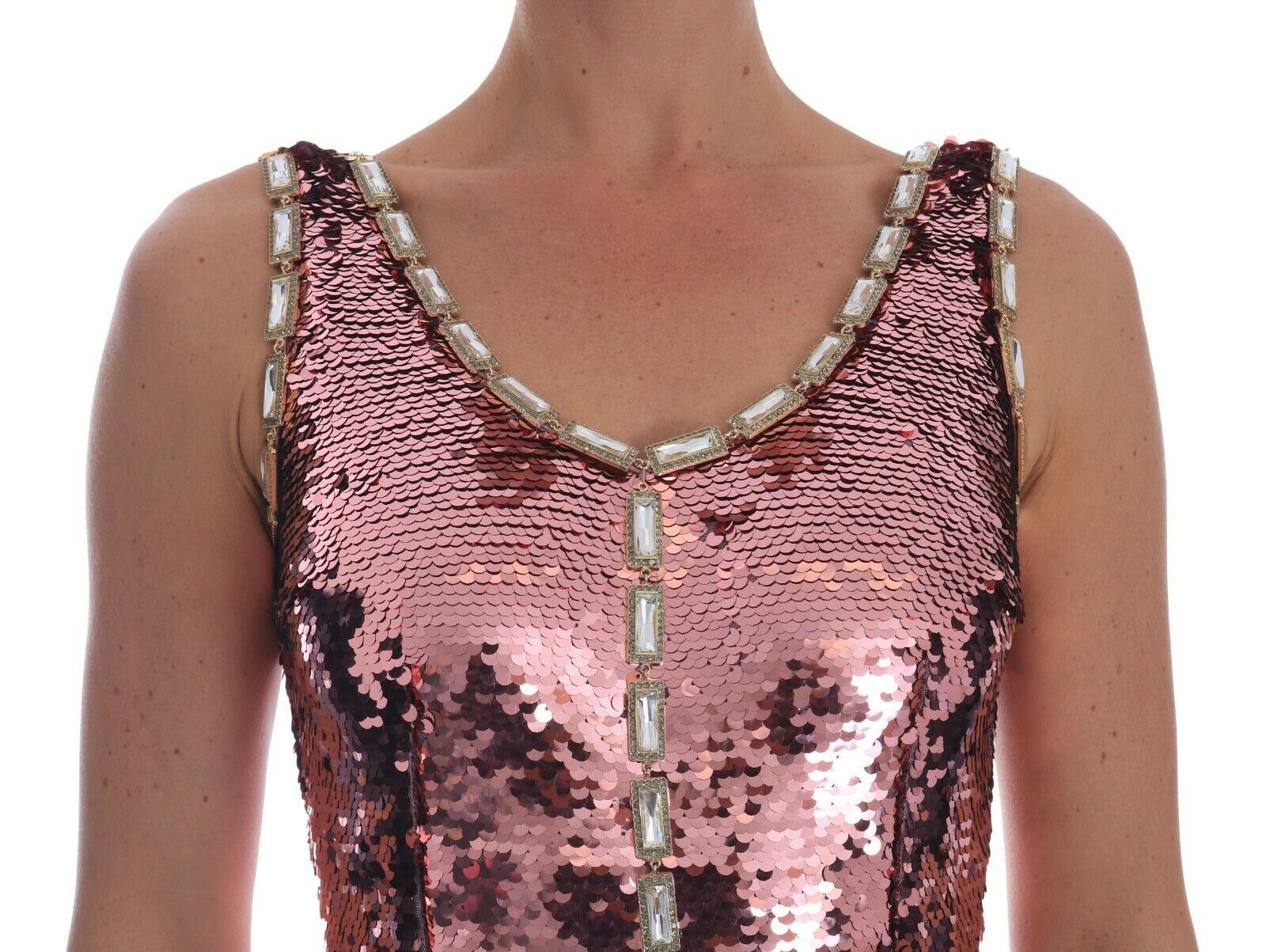 Pink sequined sheath crystal dress gown by Dolce & Gabbana, featuring a fitted silhouette with shimmering embellishments.