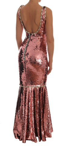 Pink sequined sheath crystal dress gown by Dolce & Gabbana, elegant fitted evening dress with shimmering embellishments.