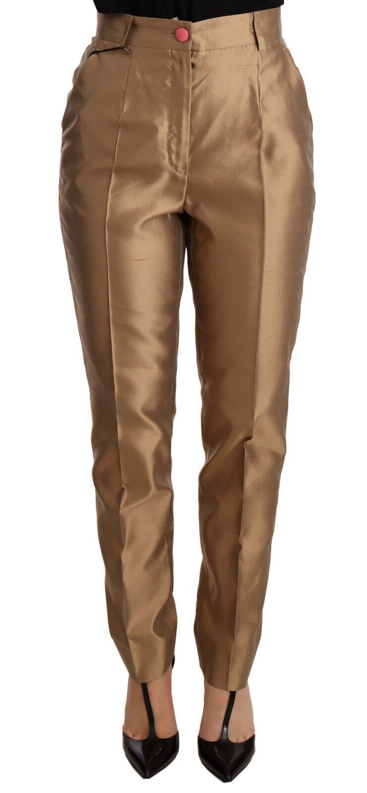Gold silk tapered trousers with metallic finish from Dolce & Gabbana, showcasing a sleek, tailored style.