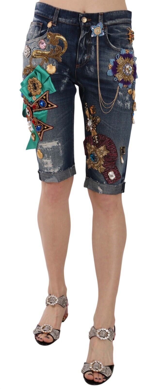 Blue denim mid waist crystal Capri shorts by Dolce & Gabbana with decorative crystal accents and classic fit.
