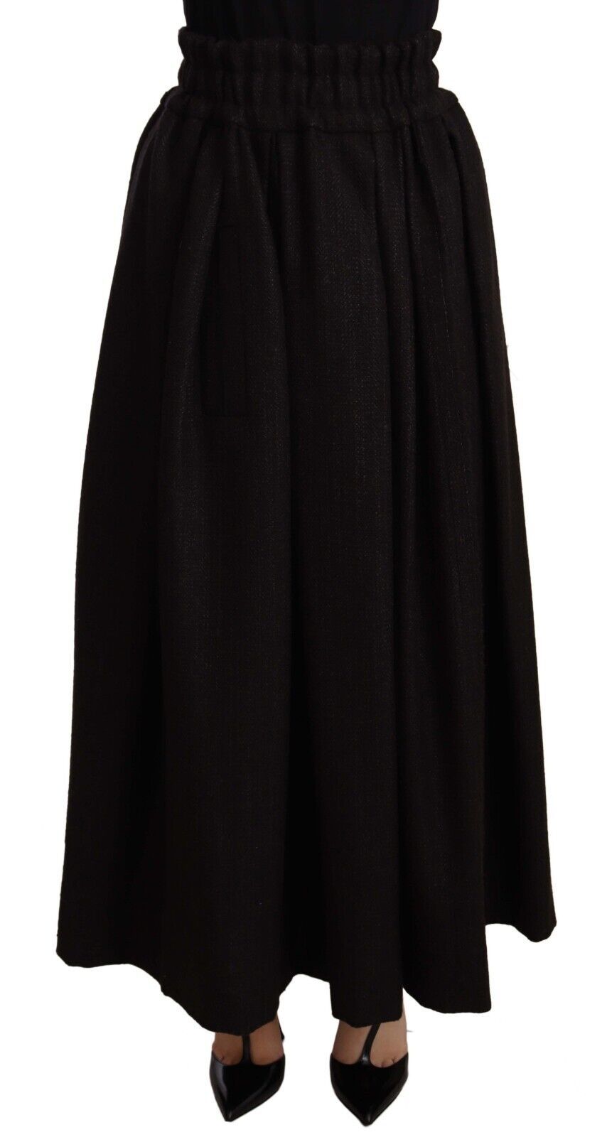 Black wool high-waist maxi skirt by Dolce & Gabbana, flowing design with a fitted high waist and elegant length.