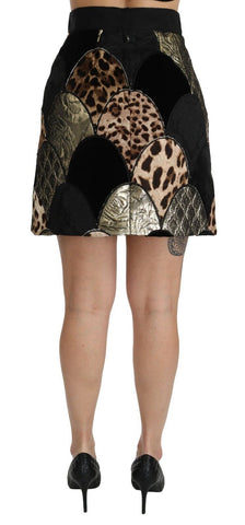 Multicolor leopard print high waist mini skirt by Dolce & Gabbana, featuring bold pattern and fitted style.
