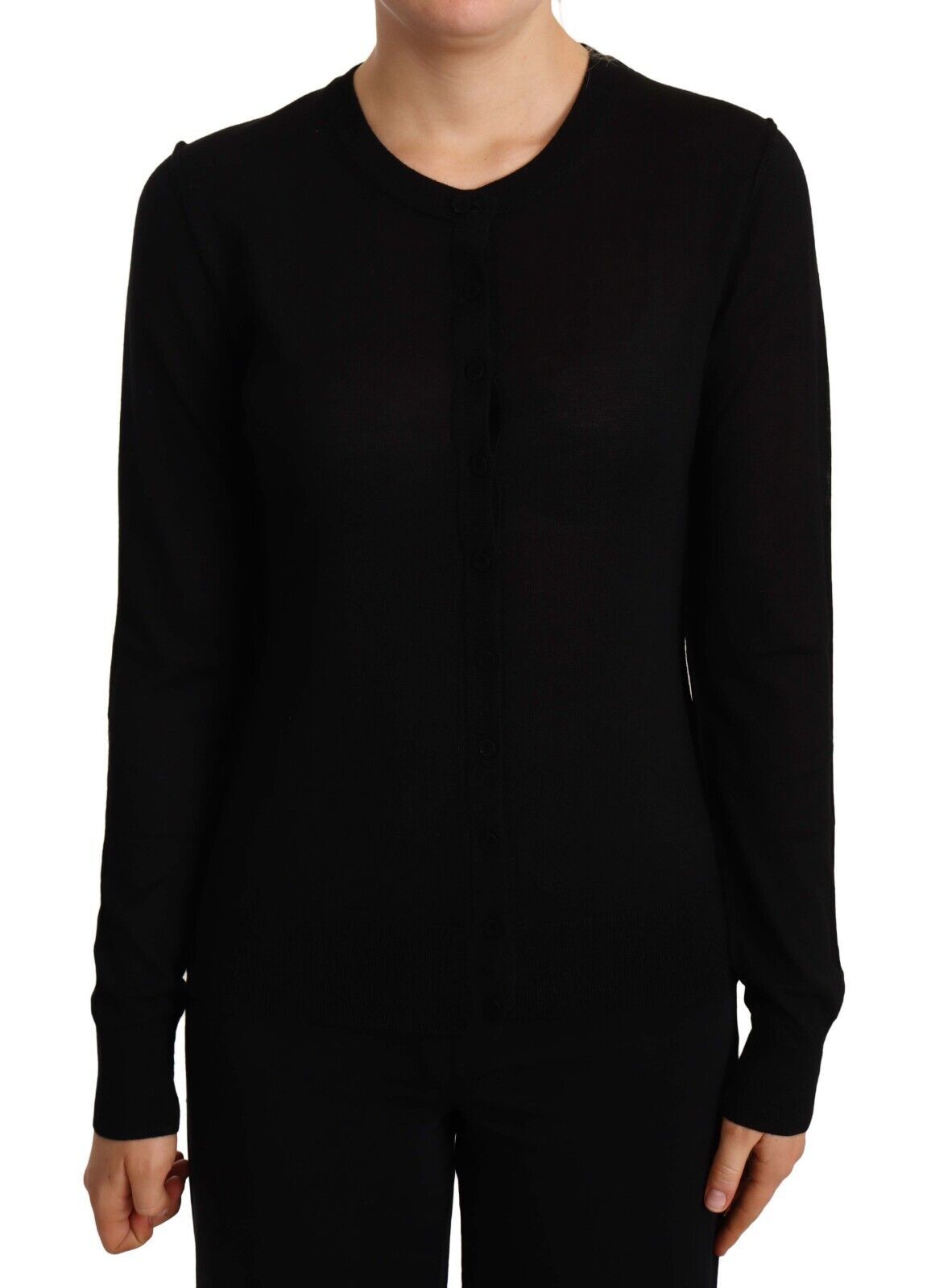 Black crewneck pullover sweater by Dolce & Gabbana, made of wool, shown on a mannequin.