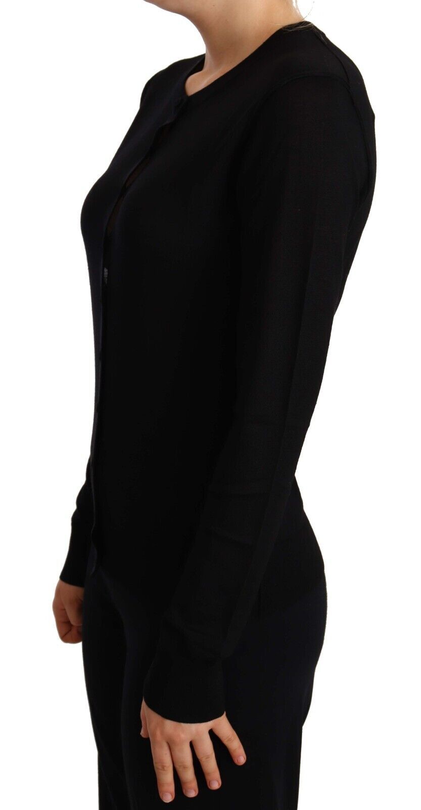 Dolce & Gabbana black crewneck wool pullover sweater with staff logo, shown on a model.