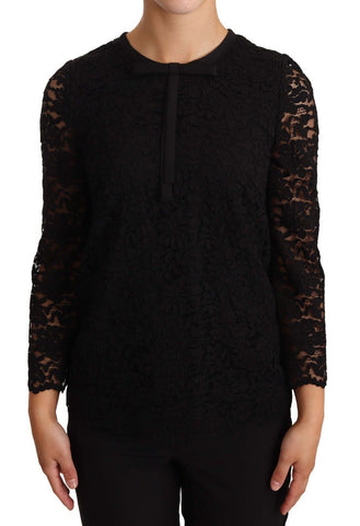 Black floral lace nylon blouse top by Dolce & Gabbana featuring intricate lace details and a stylish, elegant design.