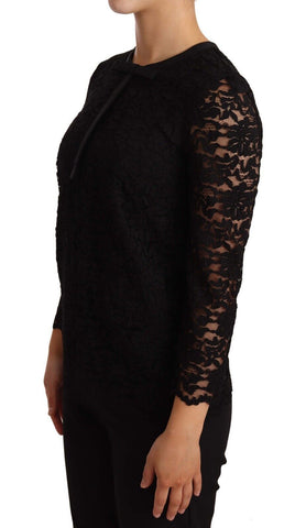Black floral lace nylon blouse top by Dolce & Gabbana, featuring intricate lace details and a stylish, elegant design.