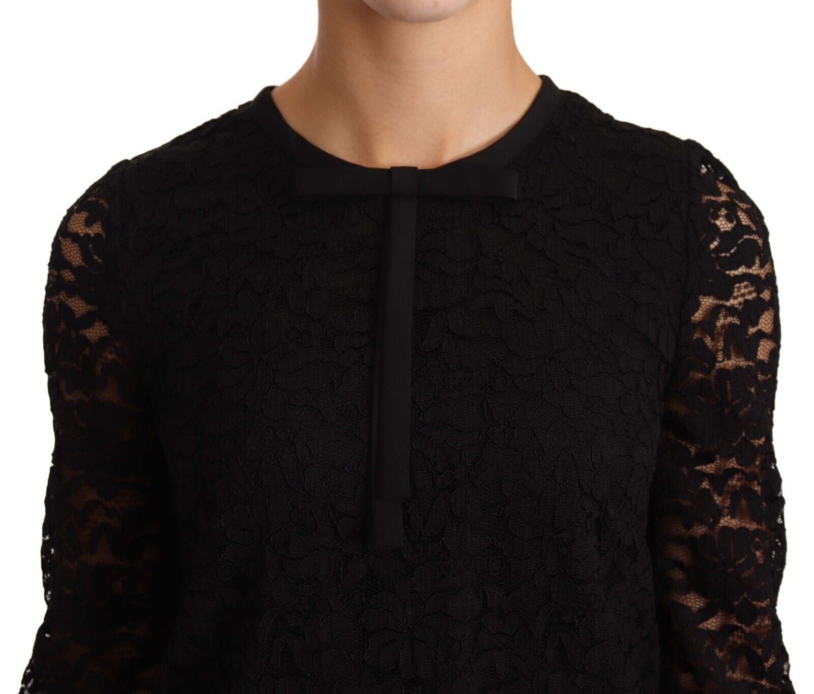 Black floral lace nylon blouse top by Dolce & Gabbana, featuring intricate lace details and a stylish, elegant design.