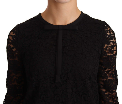 Black floral lace nylon blouse top by Dolce & Gabbana, featuring intricate lace details and a stylish, elegant design.