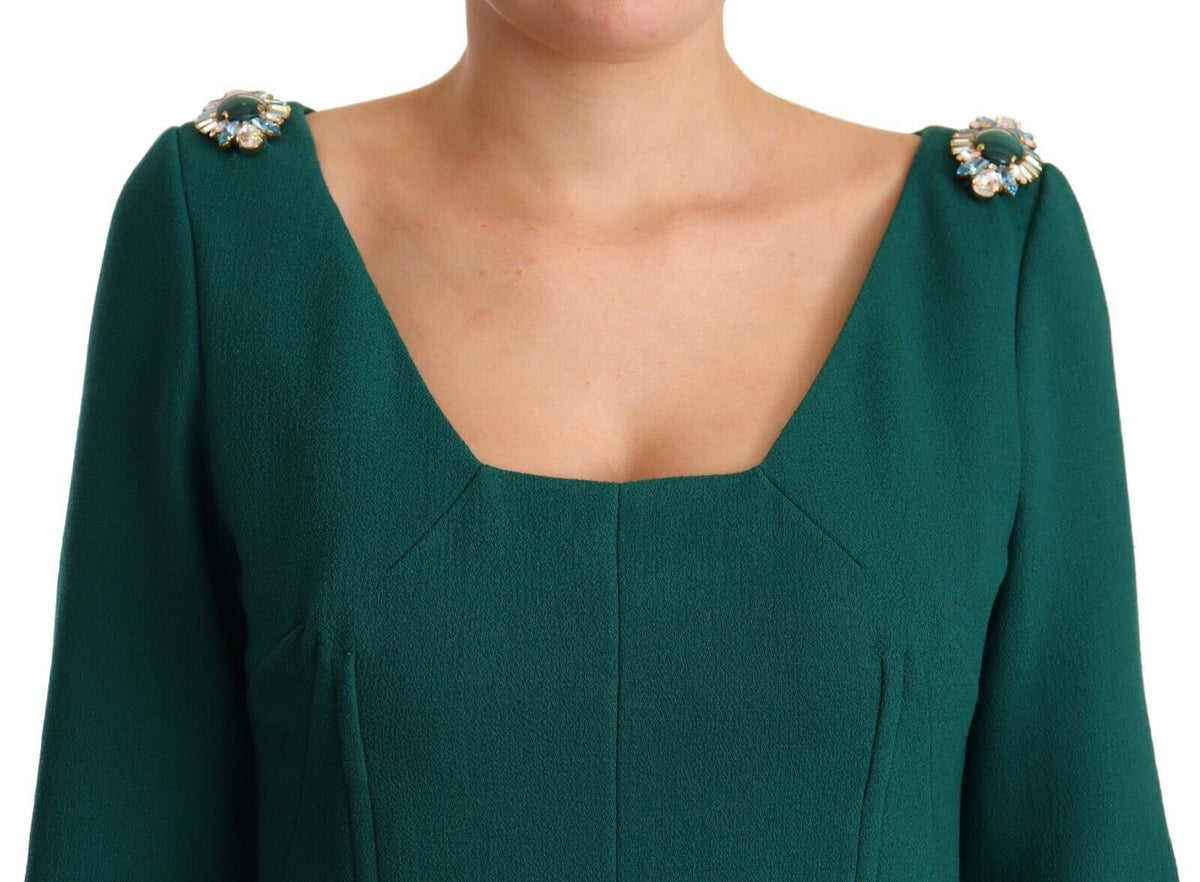 Green stretch crepe crystal midi dress by Dolce & Gabbana, featuring elegant crystal embellishments and a fitted silhouette.