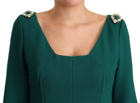 Green stretch crepe crystal midi dress by Dolce & Gabbana, featuring elegant crystal embellishments and a fitted silhouette.