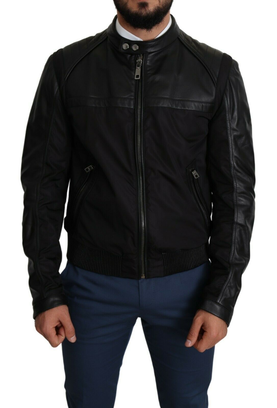 Black nylon full zip men's bomber coat jacket by Dolce & Gabbana, shown with front view and zip closure.