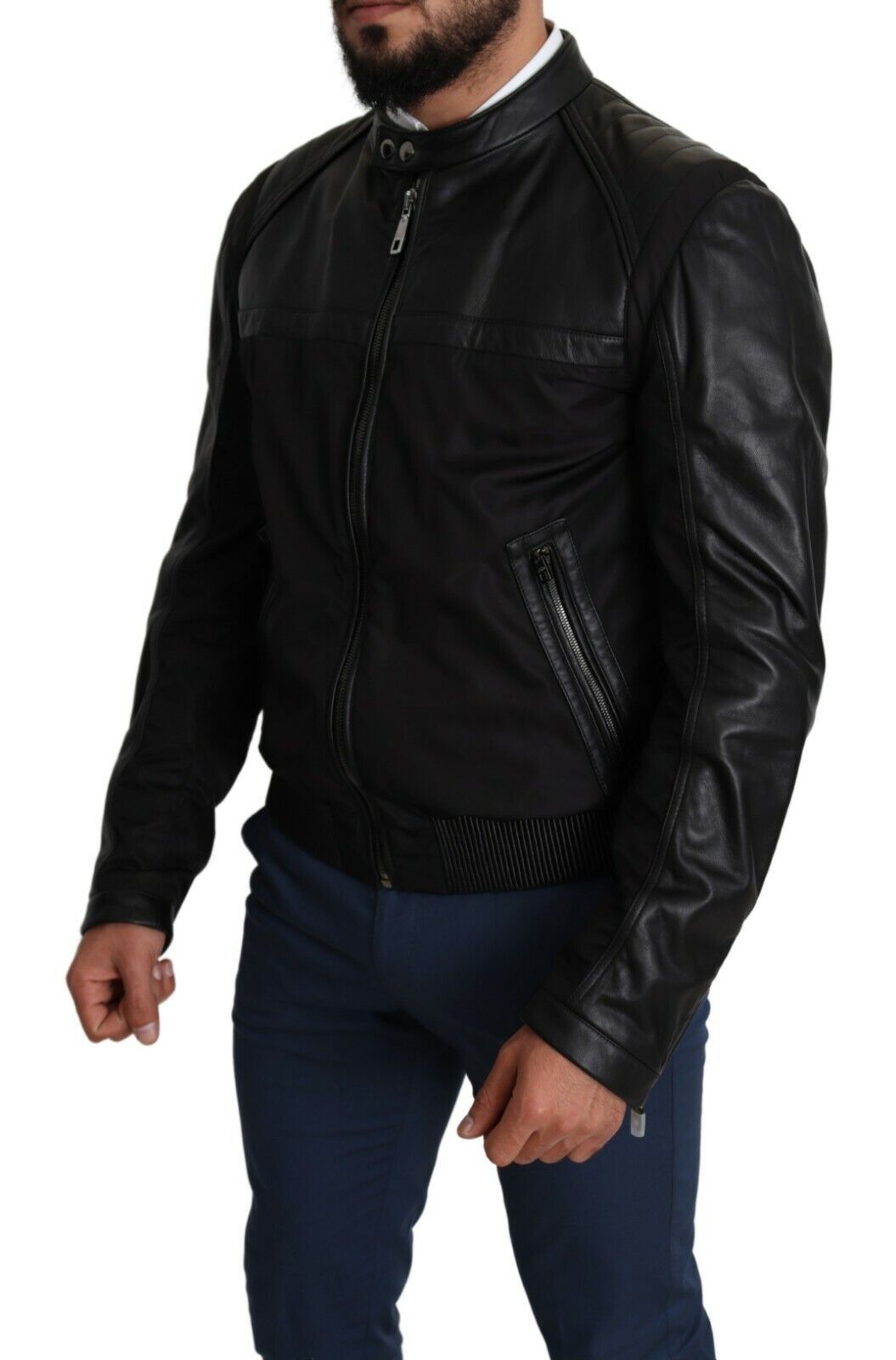 Black nylon full zip men's bomber coat jacket by Dolce & Gabbana, featuring a sleek design and full front zipper.