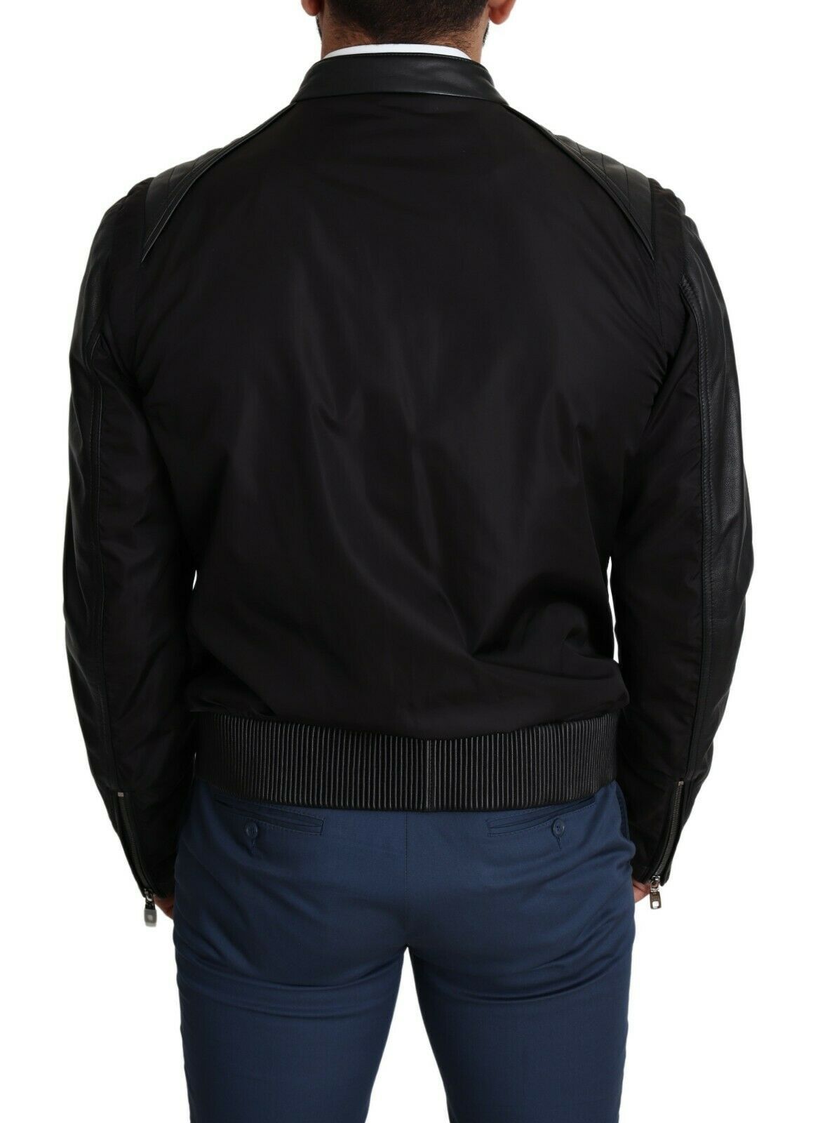 Black nylon full zip men's bomber coat jacket by Dolce & Gabbana, featuring a sleek design and full front zipper.
