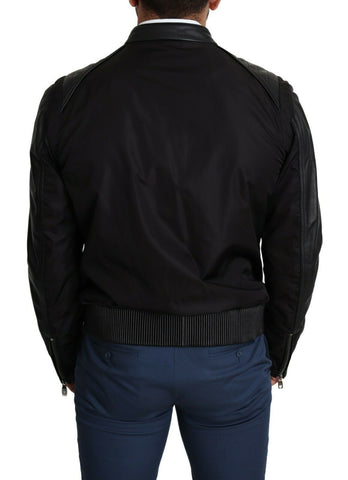 Black nylon full zip men's bomber coat jacket by Dolce & Gabbana, featuring a sleek design and full front zipper.