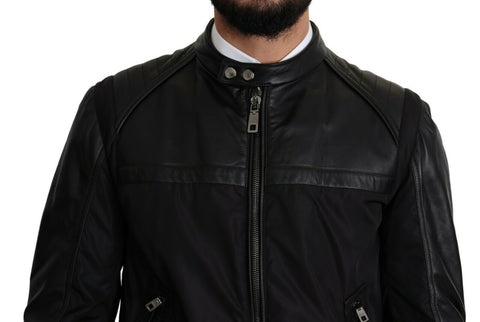 Black nylon full-zip men's bomber coat jacket by Dolce & Gabbana, featuring a sleek design and comfortable fit.