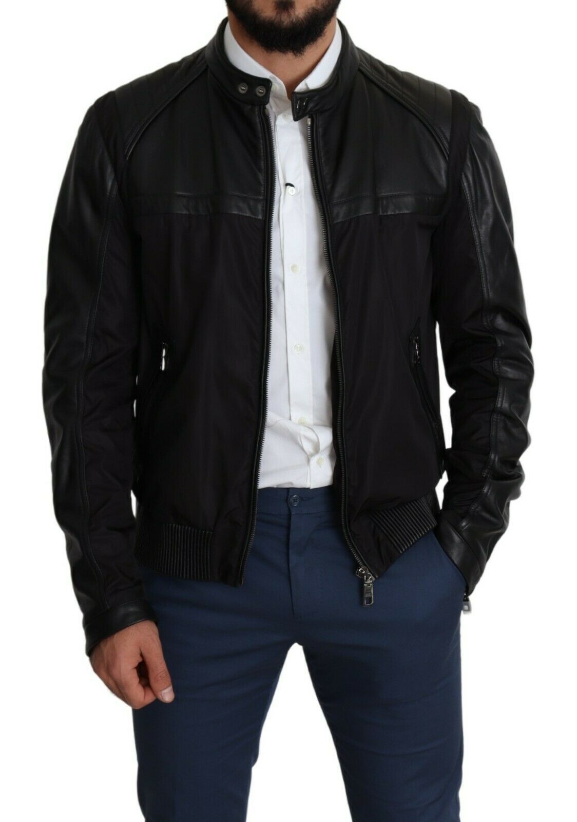 Black nylon full zip men's bomber coat jacket by Dolce & Gabbana, shown with a front view highlighting the sleek design.
