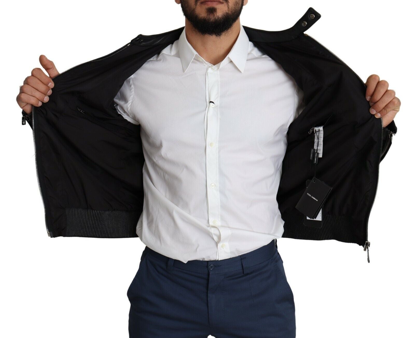 Black nylon full-zip men's bomber coat jacket by Dolce & Gabbana, featuring a sleek design and zip-up front.