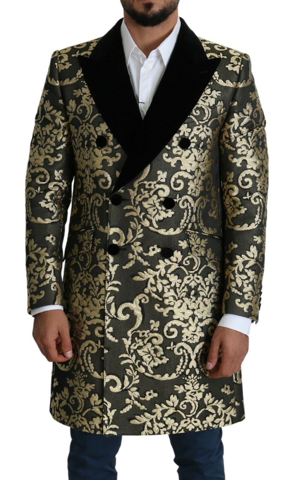 Black gold jacquard Dolce & Gabbana Sicily long coat with intricate floral pattern and tailored fit.