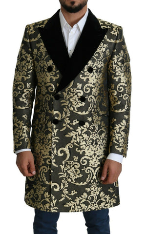 Black gold jacquard Dolce & Gabbana Sicily long coat with intricate floral pattern and tailored fit.